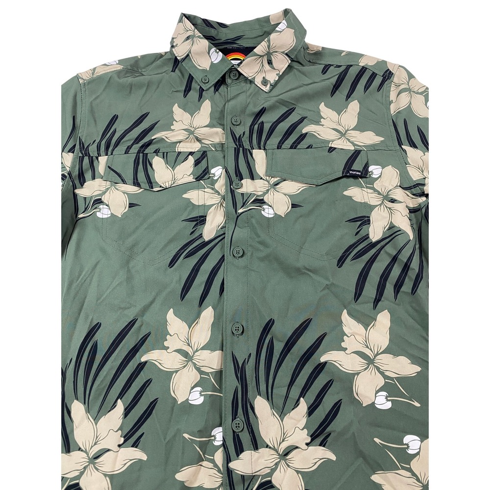 Hurley‎ Mens Floral Utility Button Down Shirt Sage Green Short Sleeve M